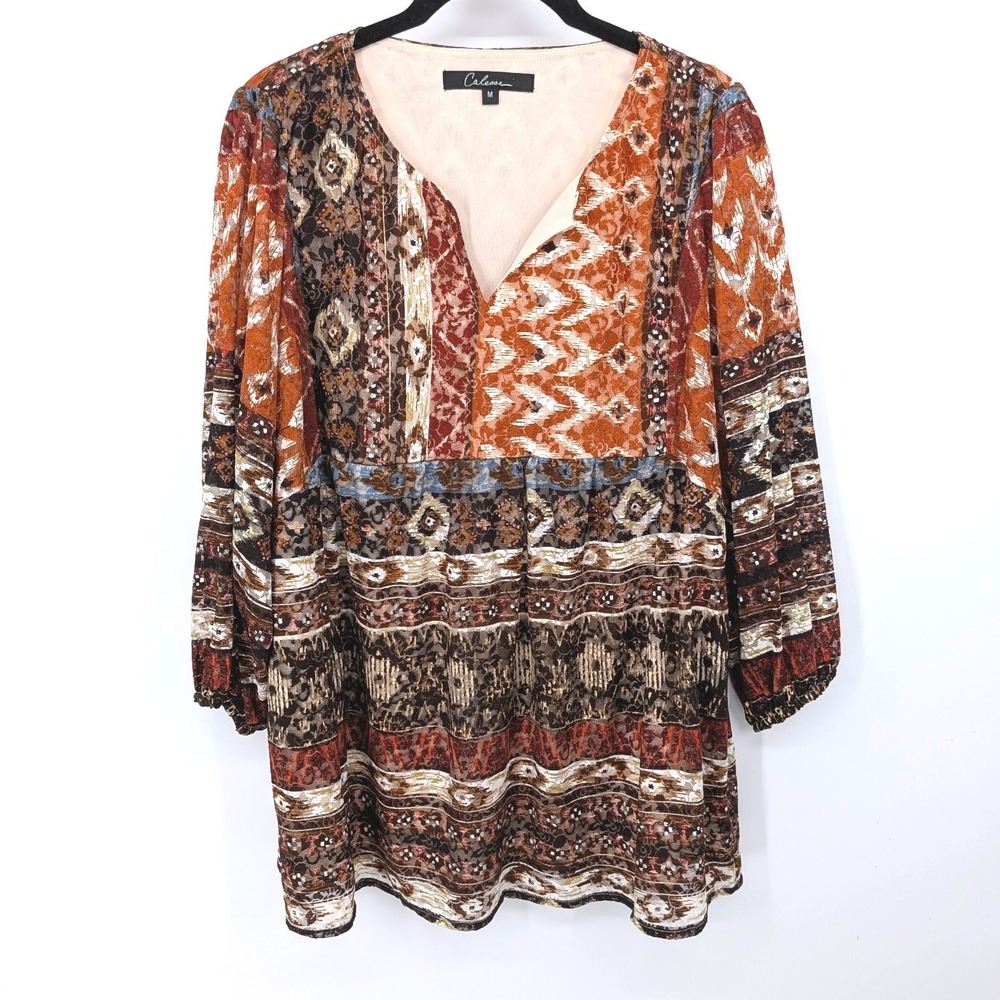 Calessa Tunic Blouse Women Medium Brown Bohemian Lace Overlay Geometric Top Fall